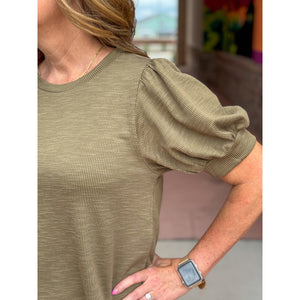 Eve Puffed Sleeve Ribbed Top - Olive