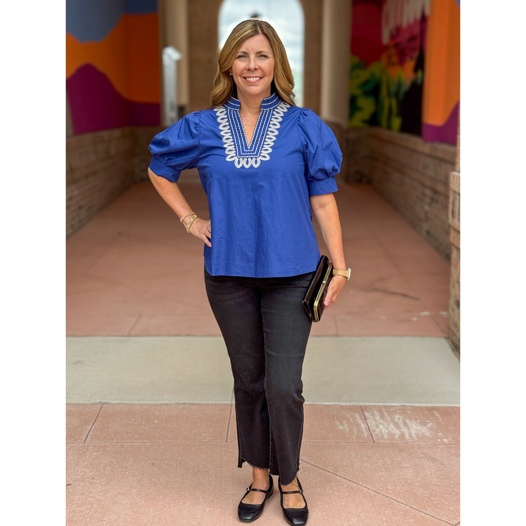 Katelyn Embroidered Puff Sleeve Top - Royal Blue