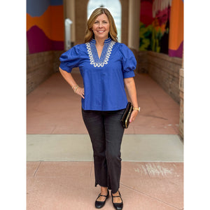 Katelyn Embroidered Puff Sleeve Top - Royal Blue