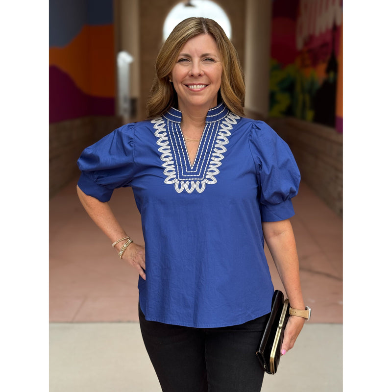 Katelyn Embroidered Puff Sleeve Top - Royal Blue