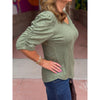 Democracy Elbow Puff Sleeve V-Neck Pintuck Knit Top - Heather Oregano