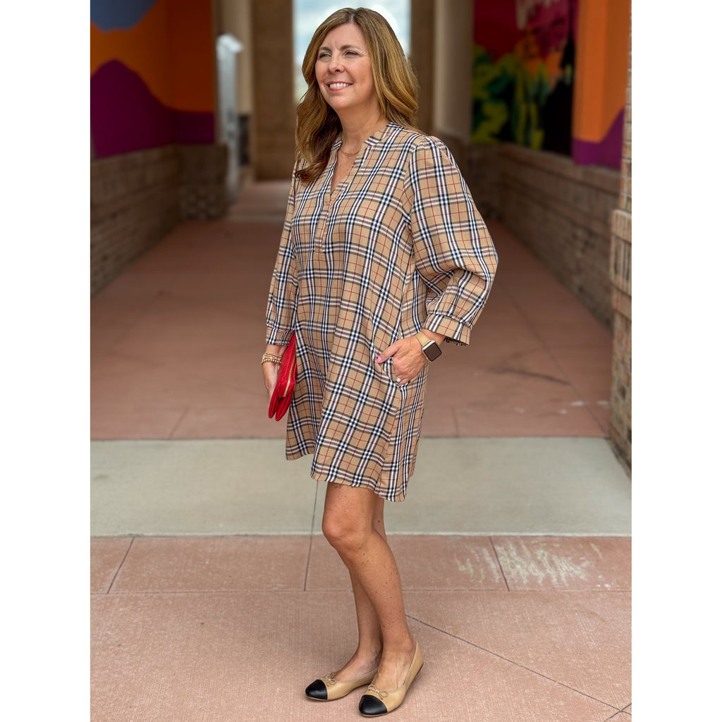 Scottie Plaid Dress with 3/4 Length Sleeves - Taupe