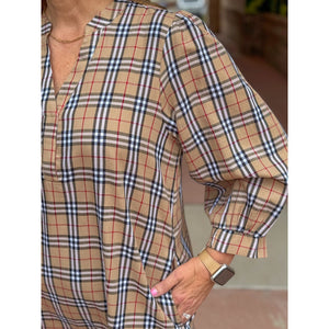 Scottie Plaid Dress with 3/4 Length Sleeves - Taupe