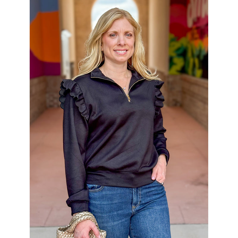 Remi Luxeknit Ruffle Shoulder Quarter-Zip Pullover - Black