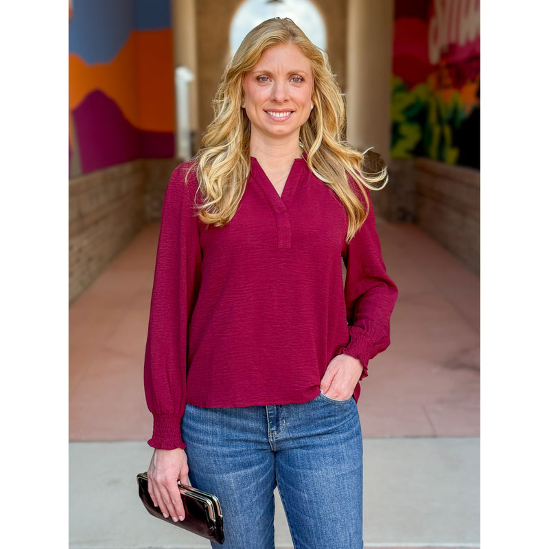 Tammy Split V Neck Long Sleeve Blouse - Burgundy