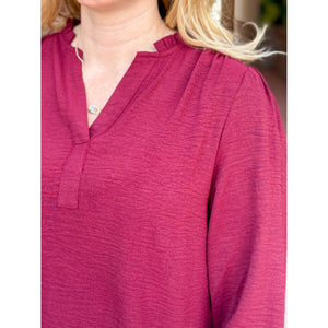 Tammy Split V Neck Long Sleeve Blouse - Burgundy