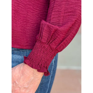 Tammy Split V Neck Long Sleeve Blouse - Burgundy