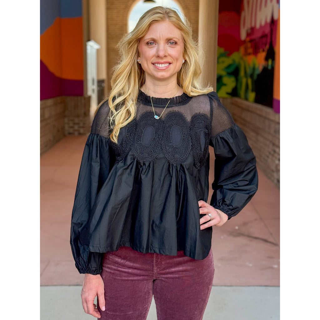 Stevie Lace Applique Detail Long Sleeve Blouse - Black