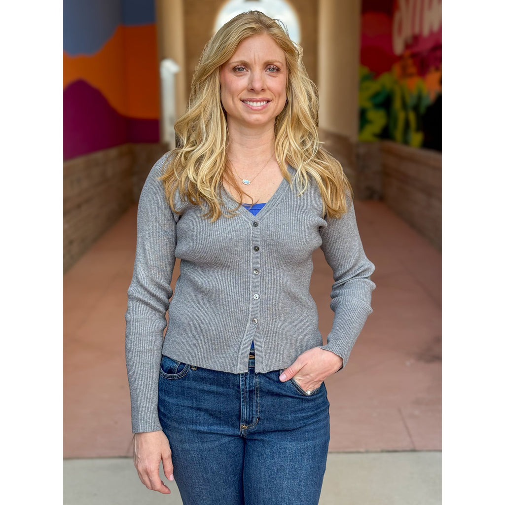 Kristin Button Down Long Sleeve Sweater - Stone Grey