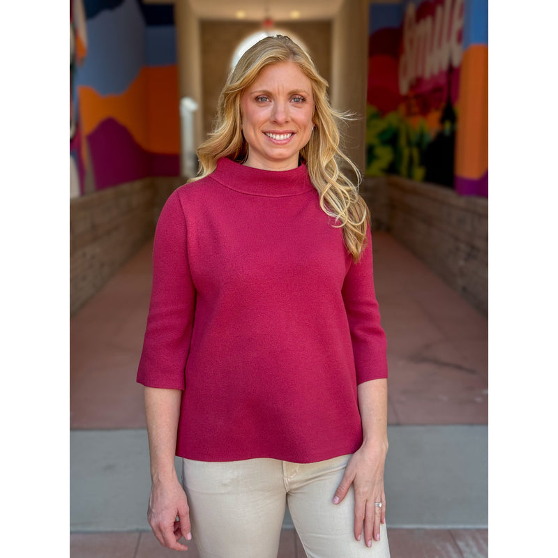 Kathryn Mock Neck Bell Sleeve Sweater - Berry Red