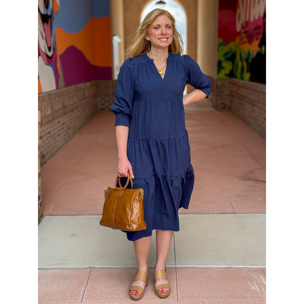 Cyndi Textured Tiered Midi Dress - Navy