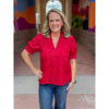 Marianne Embroidered Floral Puff Sleeve Top - Red