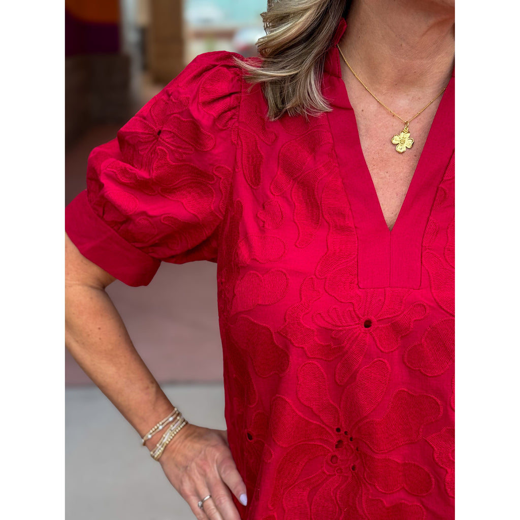 Marianne Embroidered Floral Puff Sleeve Top - Red