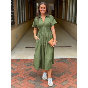 Heather Short Sleeve Zipper Front Midi Dress - Olive