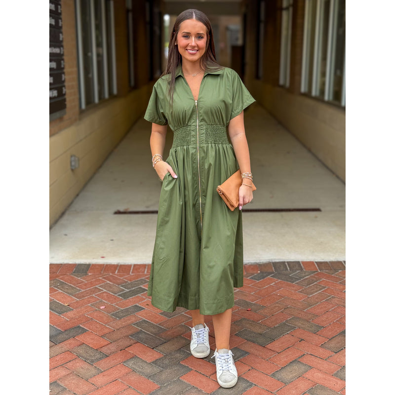 Heather Short Sleeve Zipper Front Midi Dress - Olive