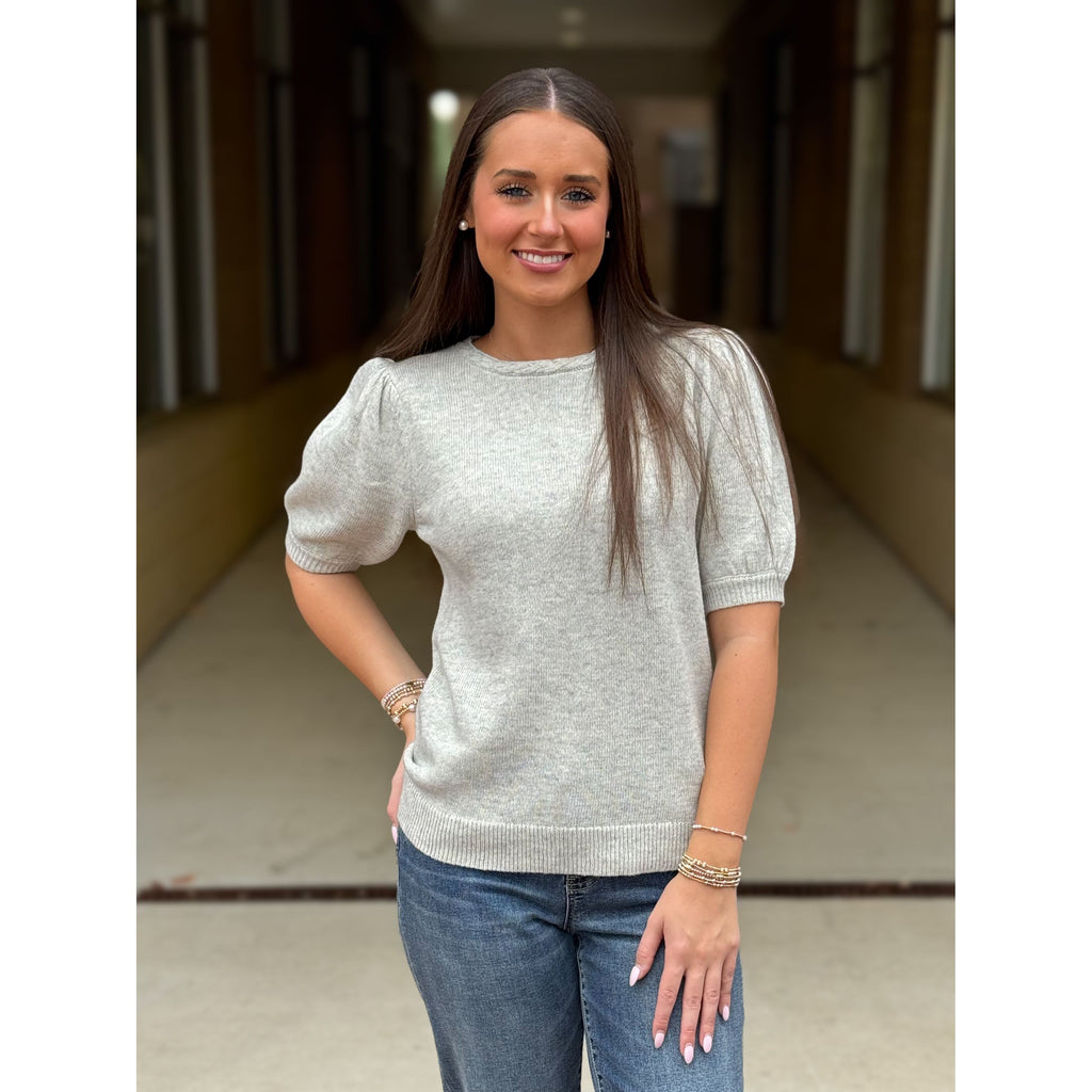 Patricia Braided Neck Detail Short Sleeve Sweater - Gray