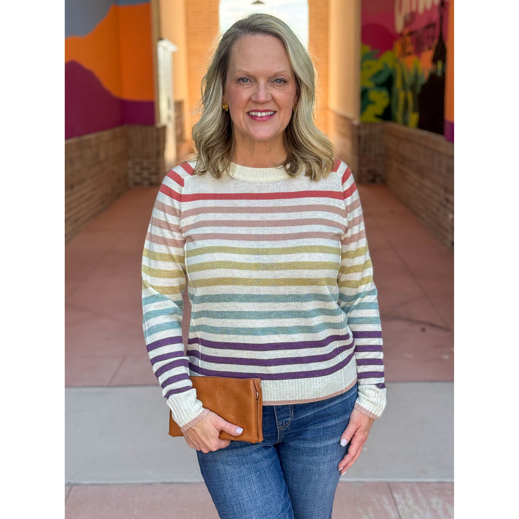 Delancey Multi Stripe Crew Neck Sweater - Rust/Taupe