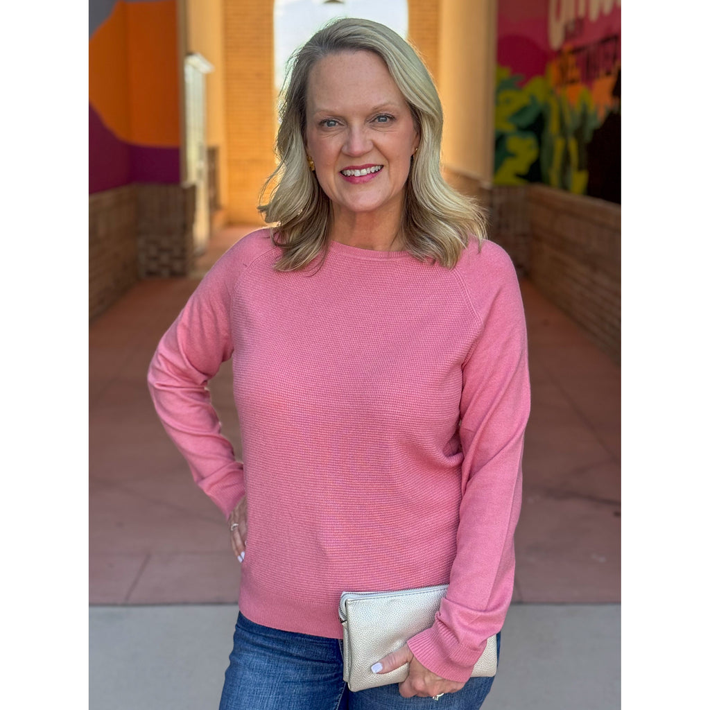 Dinah Wide Crew Neck Waffle Mixed Media Pullover Sweater - Pink