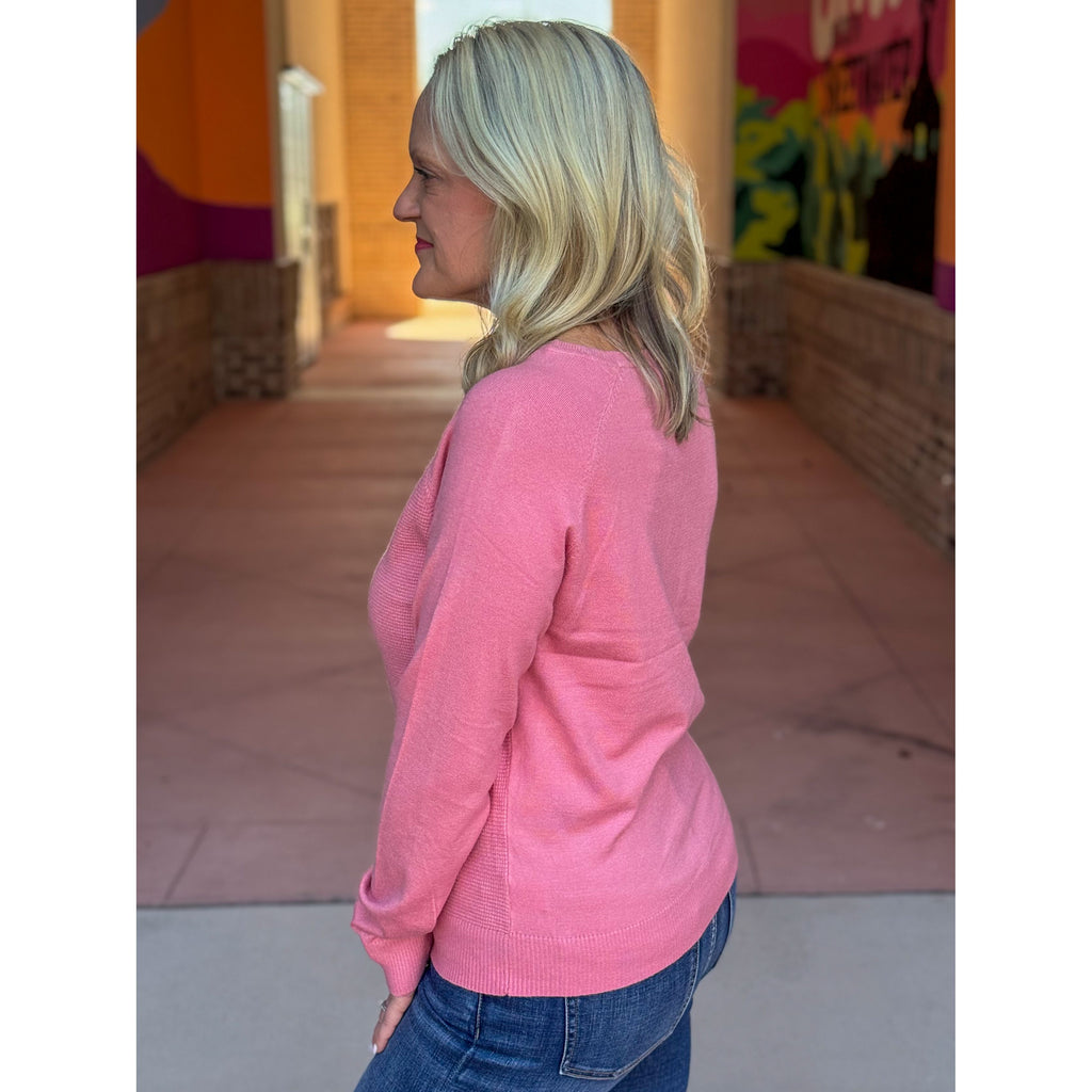 Dinah Wide Crew Neck Waffle Mixed Media Pullover Sweater - Pink