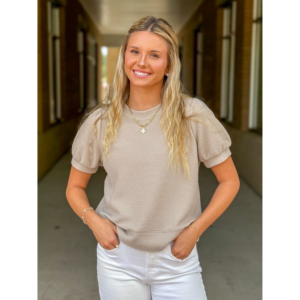 Karsen Cloudy Knit Puff Sleeve Top - Taupe