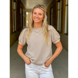 Karsen Cloudy Knit Puff Sleeve Top - Taupe