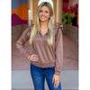 Remi Luxeknit Ruffle Shoulder Quarter-Zip Pullover - Mocha