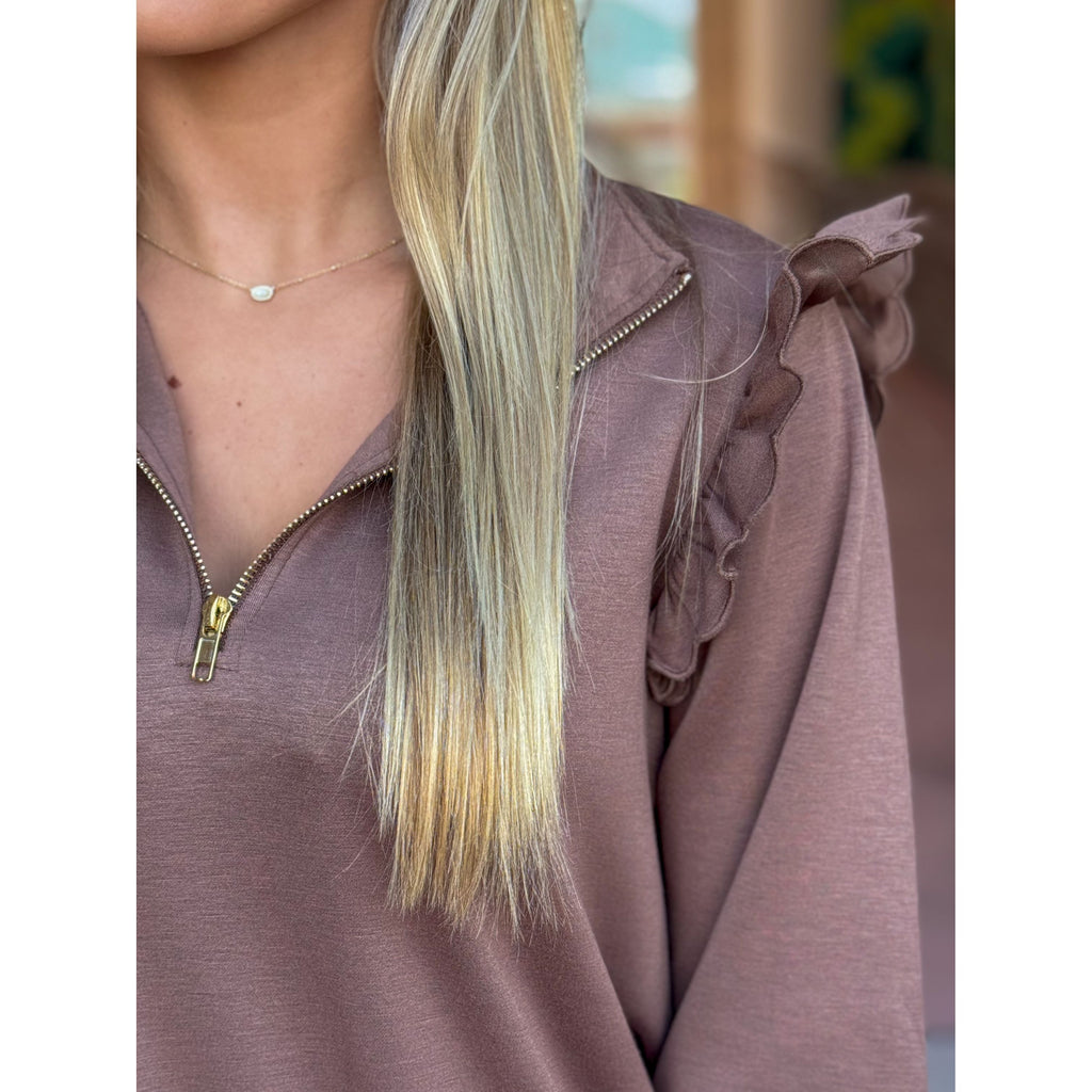 Remi Luxeknit Ruffle Shoulder Quarter-Zip Pullover - Mocha