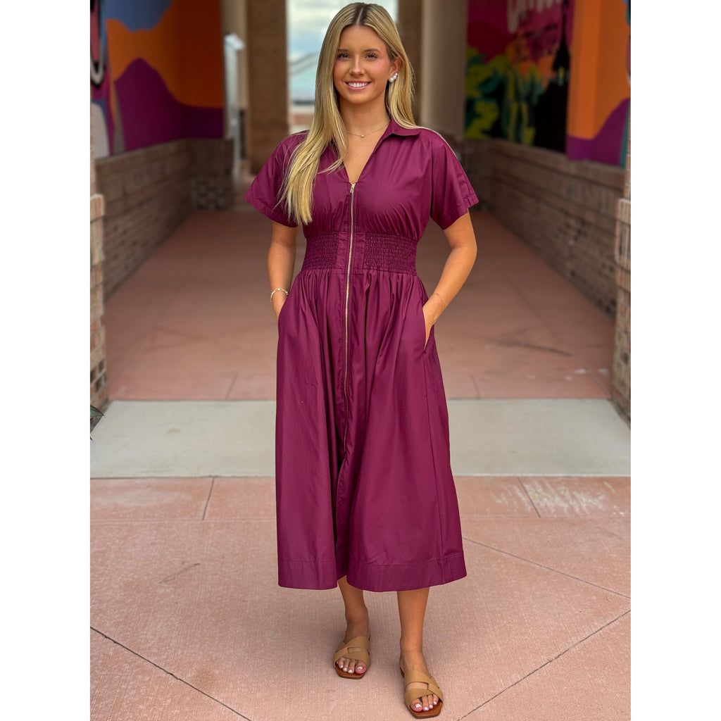 Heather Short Sleeve Zipper Front Midi Dress - Burgundy