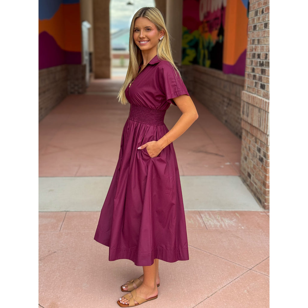 Heather Short Sleeve Zipper Front Midi Dress - Burgundy