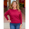 Delia Fine Gauge Sweater with Braided Pointelle Sleeves - Rosewood