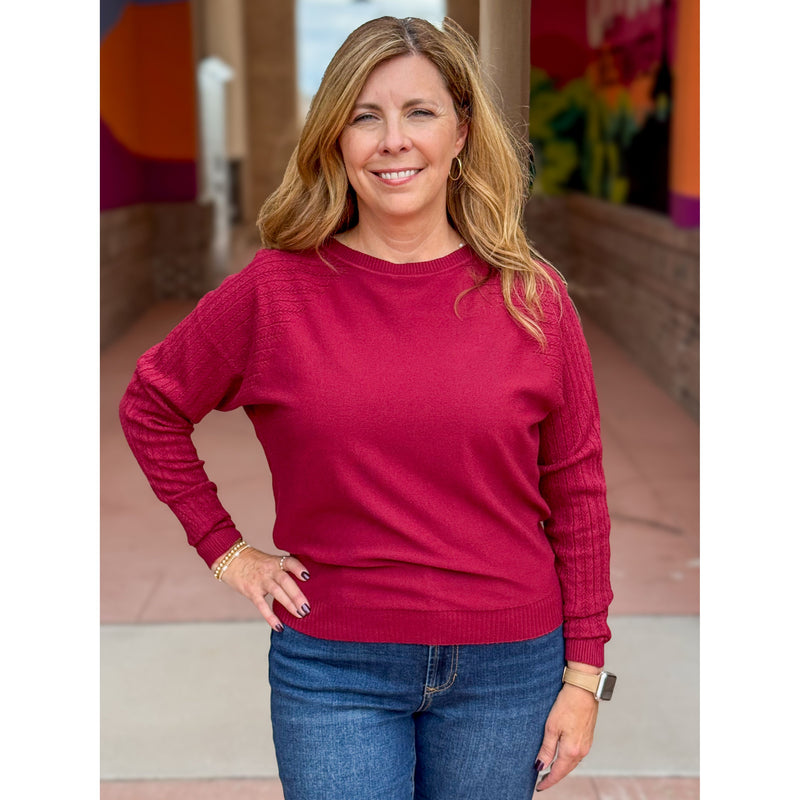 Delia Fine Gauge Sweater with Braided Pointelle Sleeves - Rosewood