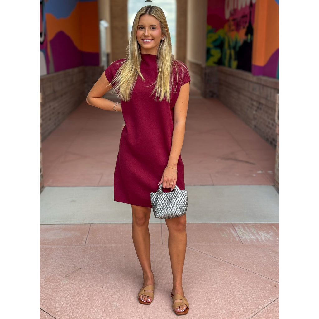 Lizzy Solid Mock Neck Knit Sweater Pullover Dress - Burgundy