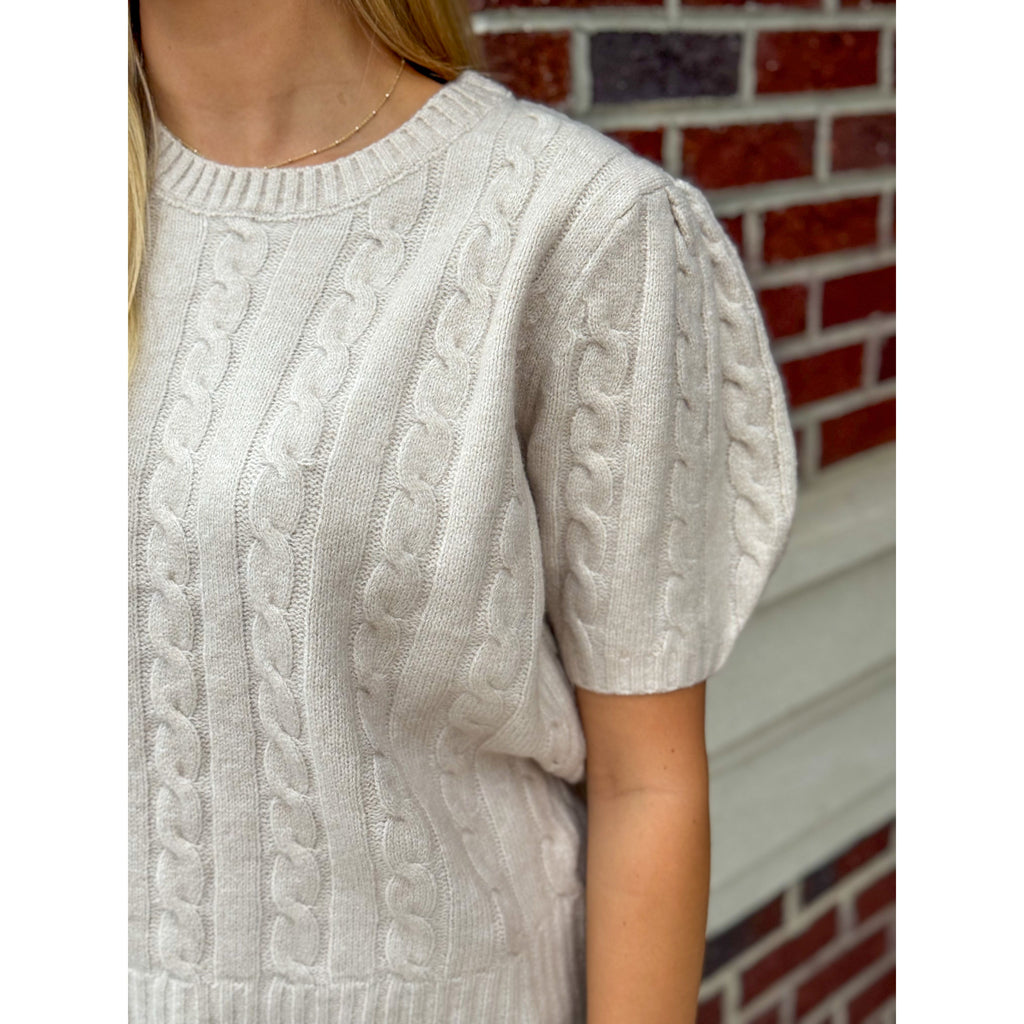 Christine Short Sleeve Cable Knit Sweater Top - Pearl