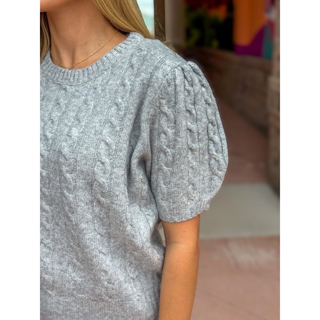Christine Short Sleeve Cable Knit Sweater Top - Heather Grey