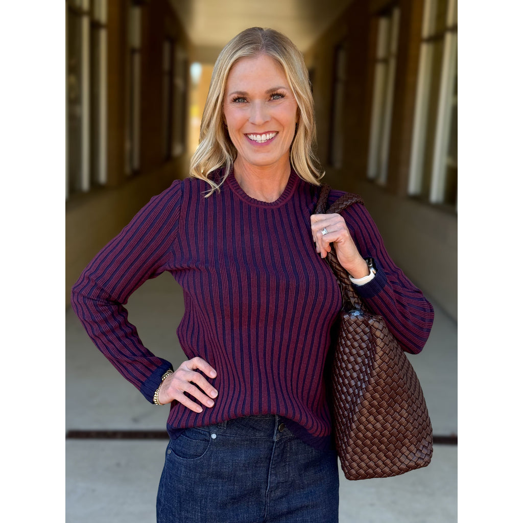 Liverpool Los Angeles Long Sleeve Crewneck Ribbed Sweater - Cabernet Red/Navy