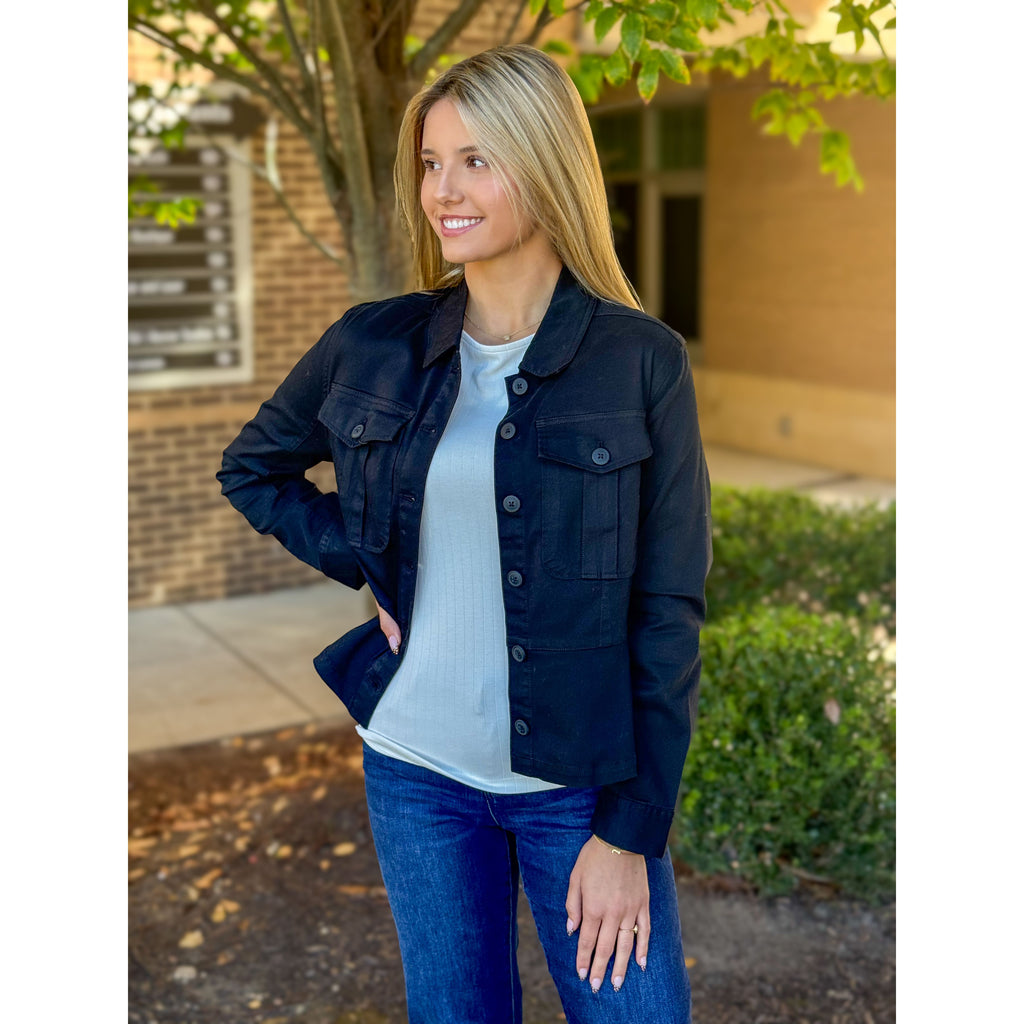 Liverpool Los Angeles Peplum Hem Trucker Jacket-Onyx