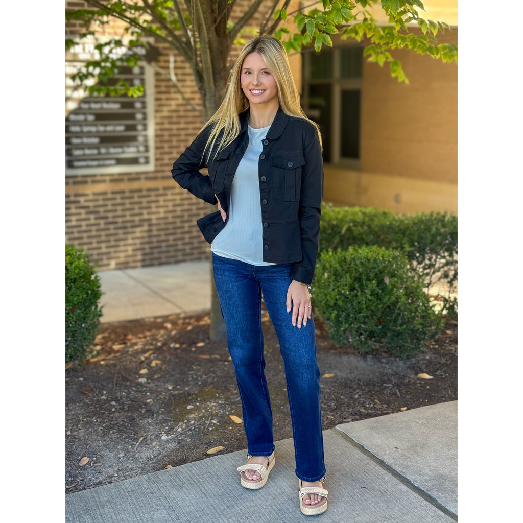 Liverpool Los Angeles Peplum Hem Trucker Jacket-Onyx