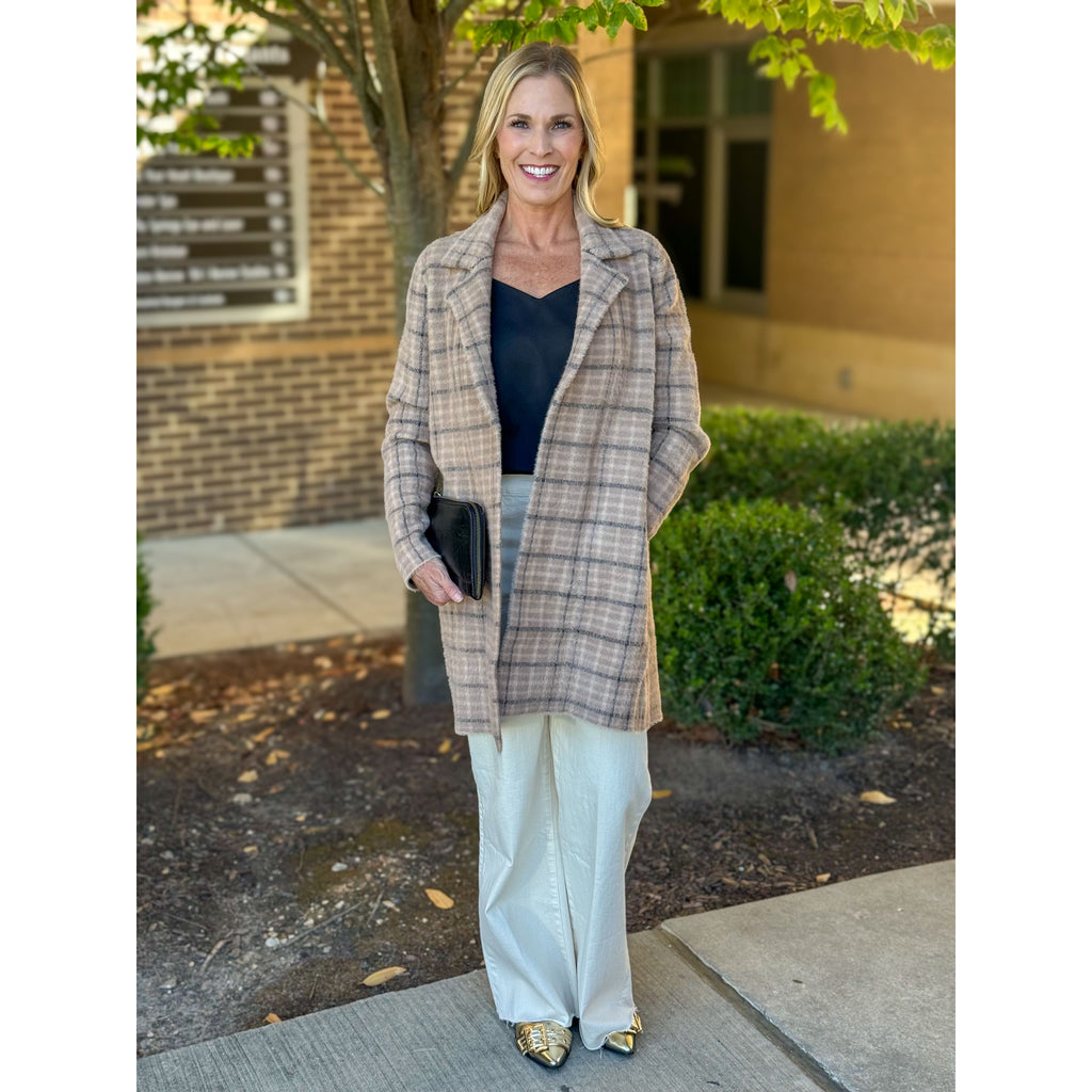 Liverpool Los Angeles Open Front Coatigan Sweater - Camel Cream Plaid