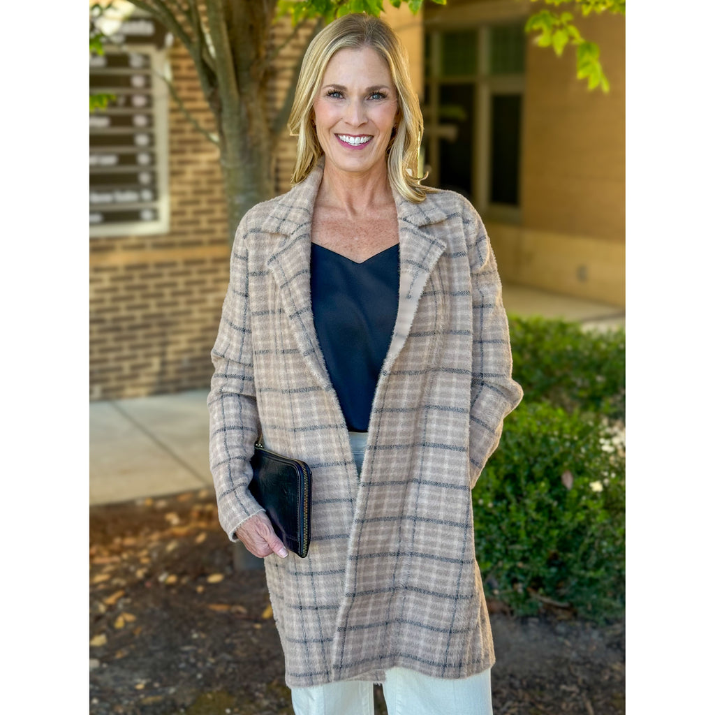 Liverpool Los Angeles Open Front Coatigan Sweater - Camel Cream Plaid