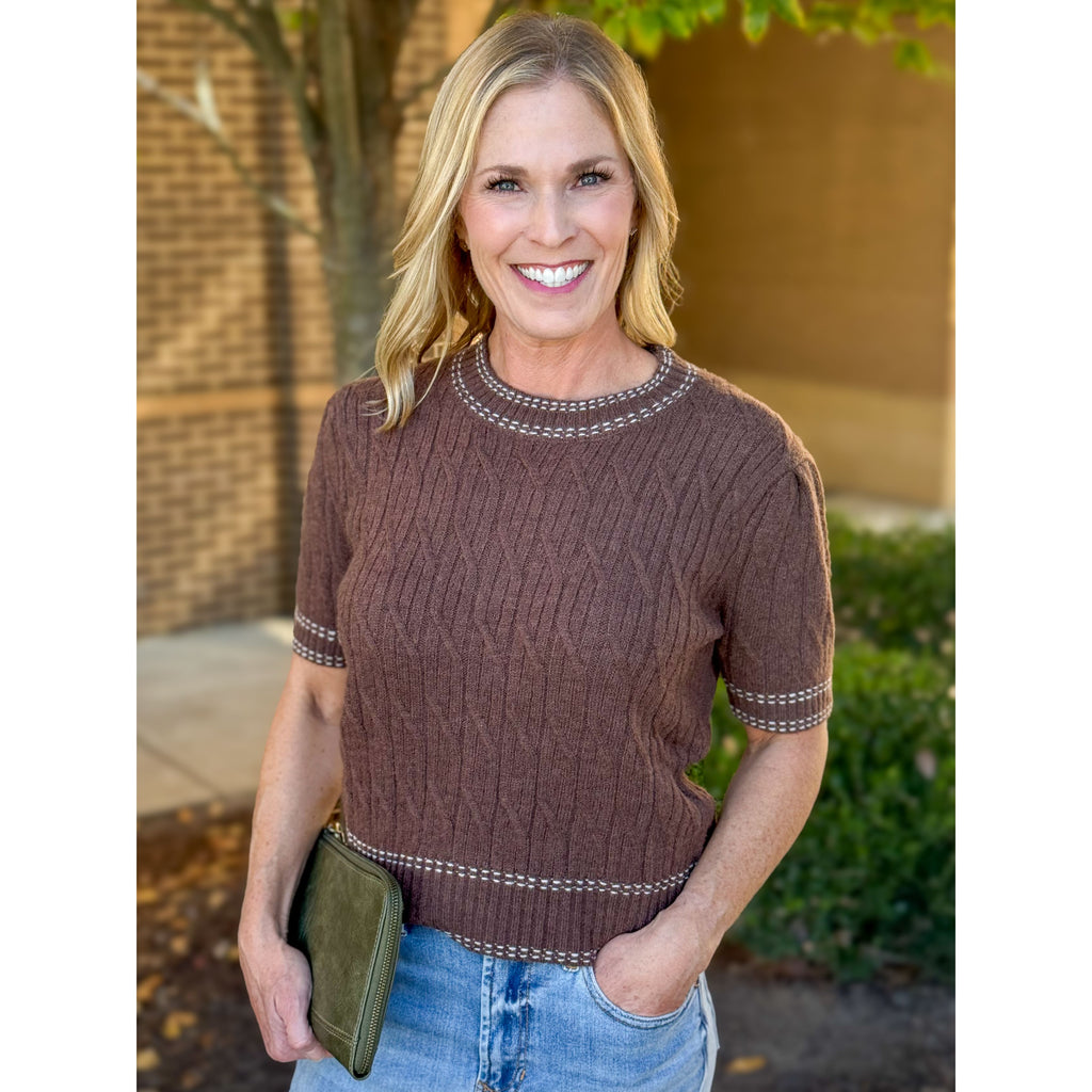 Ava Cable Knit Short Sleeve Sweater - Chocolate