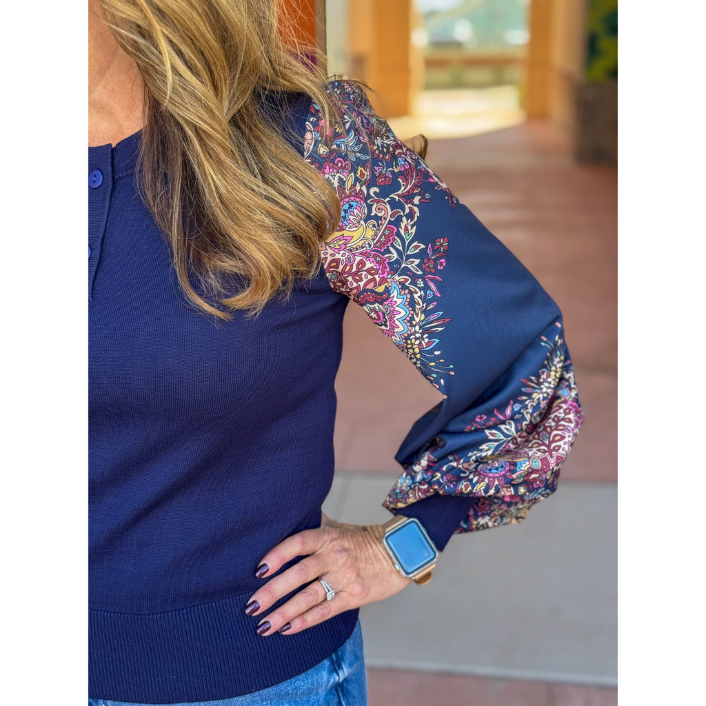 Charlotte Paisley Print Mixed Media Sweater - Midnight Navy