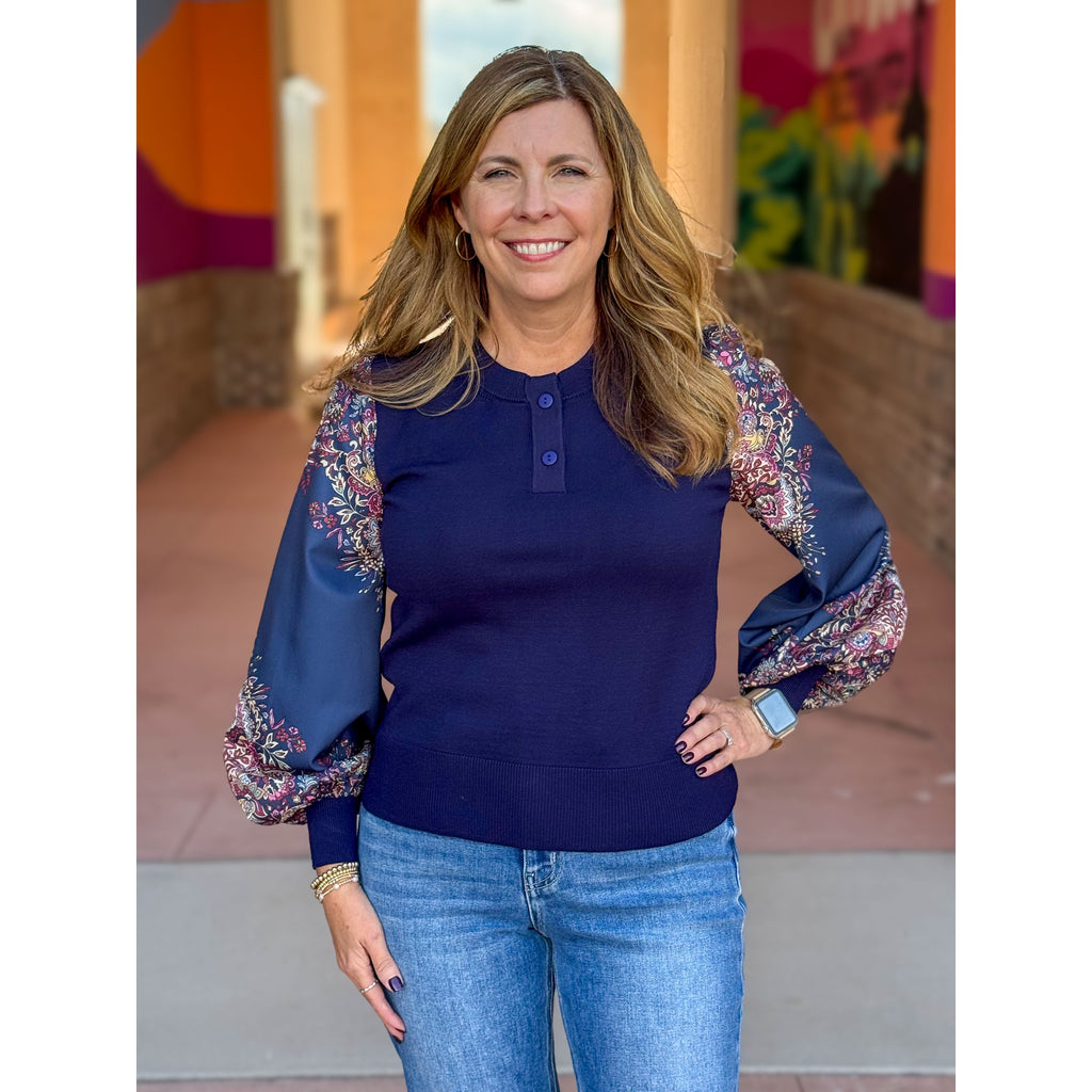 Charlotte Paisley Print Mixed Media Sweater - Midnight Navy