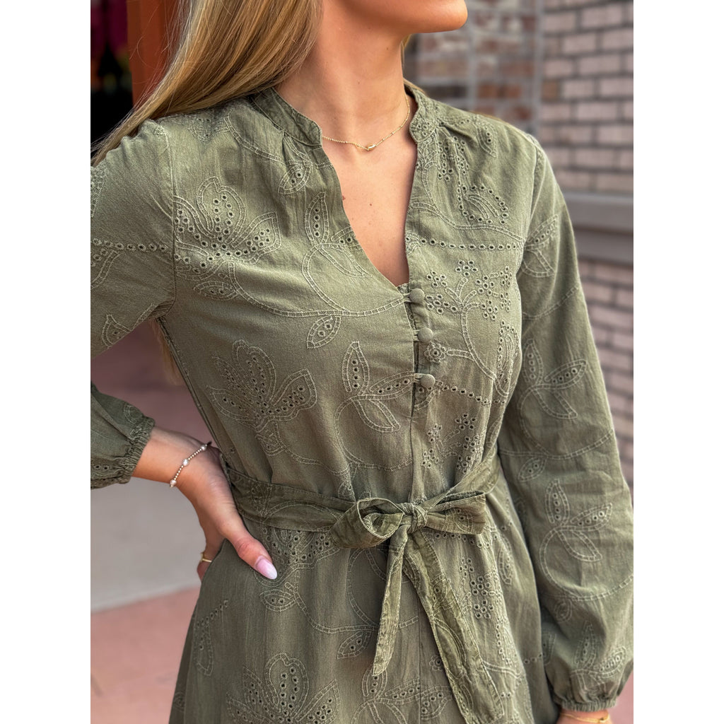 Dear John Christine Long Sleeve Embroidered Mini Dress - Vetiver