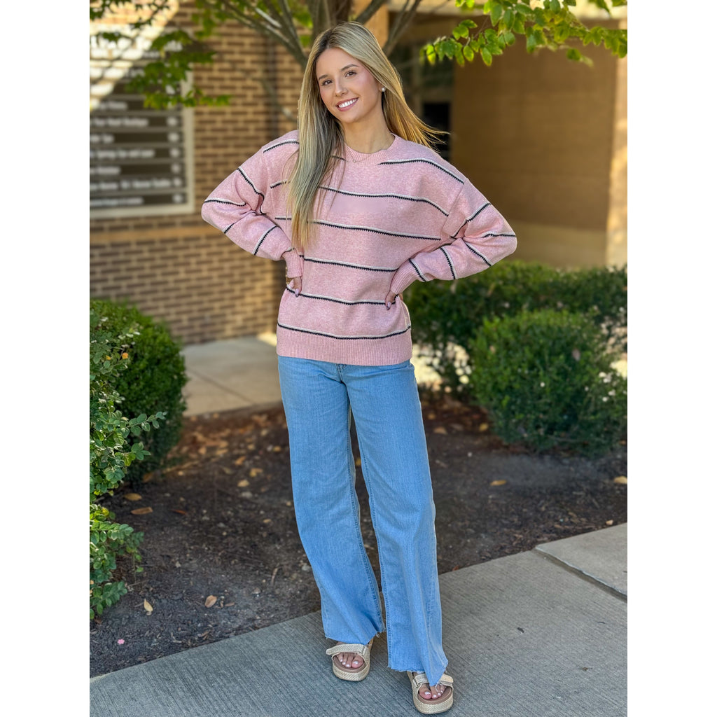 Debbie Crew Neck Stripe Sweater - Pink/Navy