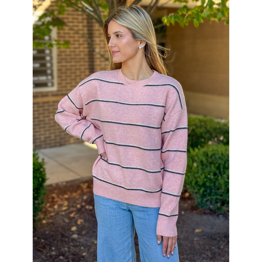 Debbie Crew Neck Stripe Sweater - Pink/Navy