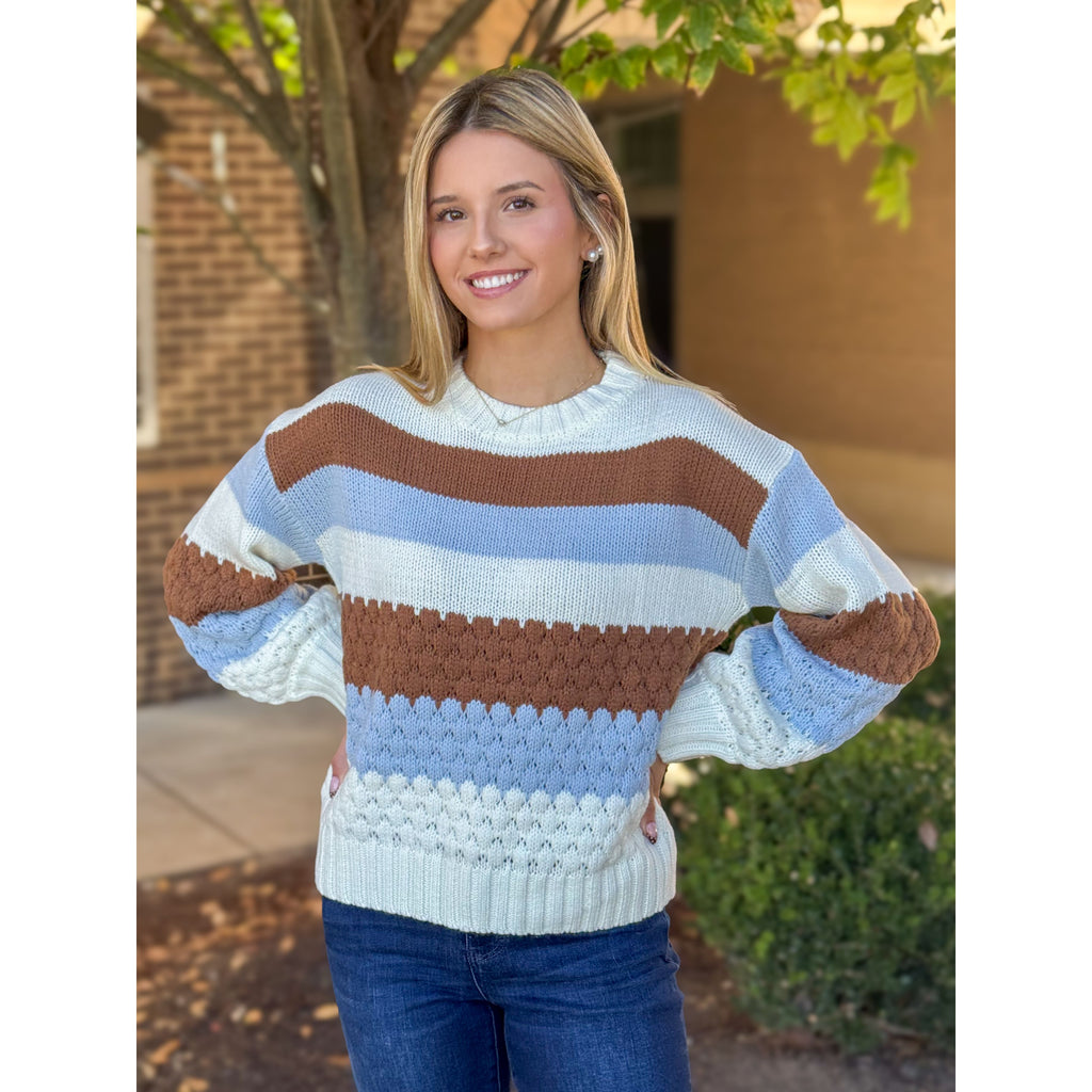 Joanna Colorblock Embroidered Sweater - Cream/Brown/Lt Blue