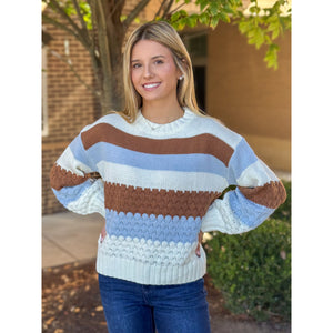 Joanna Colorblock Embroidered Sweater - Cream/Brown/Lt Blue