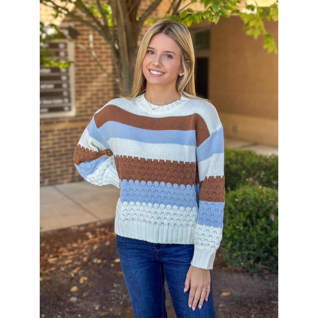 Joanna Colorblock Embroidered Sweater - Cream/Brown/Lt Blue
