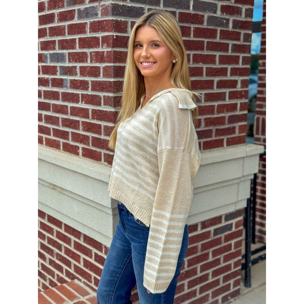 Elise Striped Shoulder Knit Sweater - Oatmeal