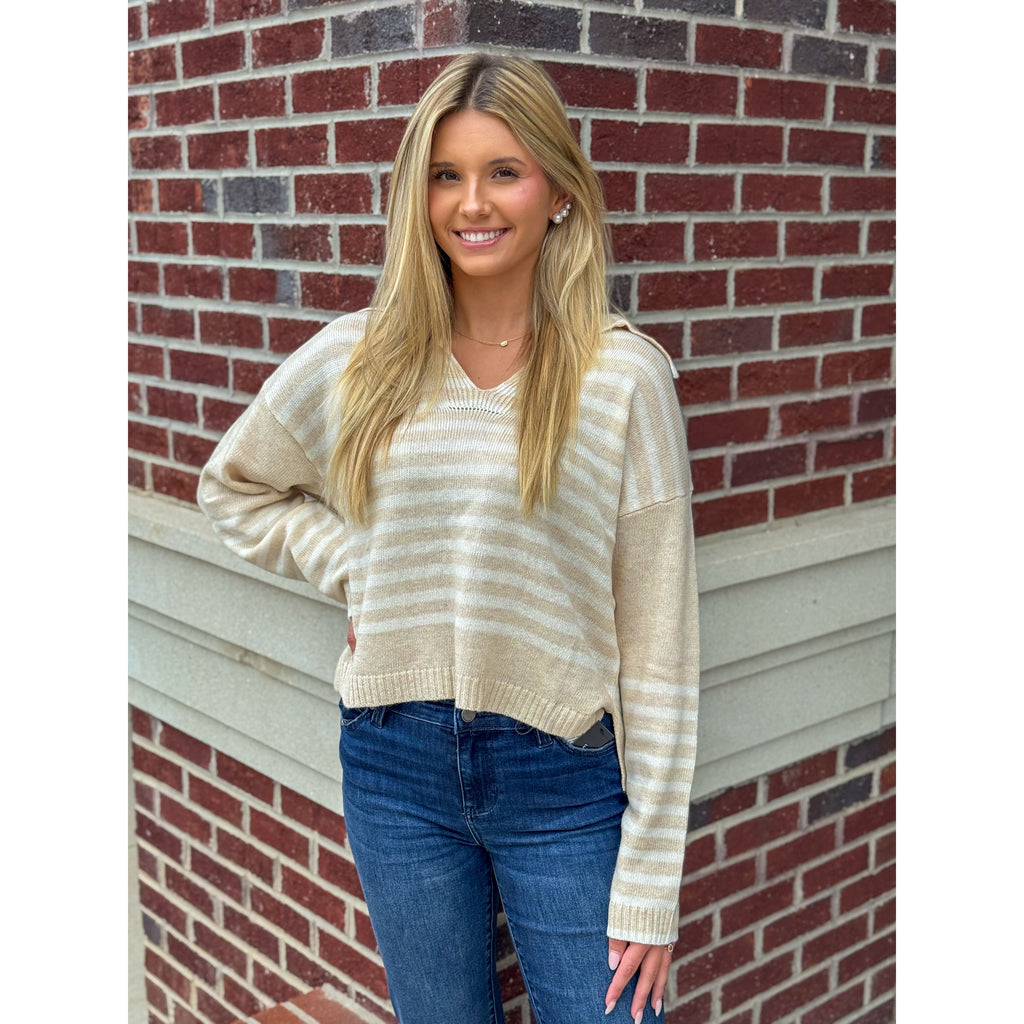 Elise Striped Shoulder Knit Sweater - Oatmeal